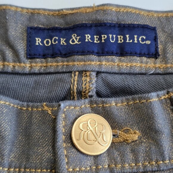 Rock & Republic Jeans Women 10 M 30 Gold Metallic Shimmer Stretch Rocker Grunge - Picture 3 of 16